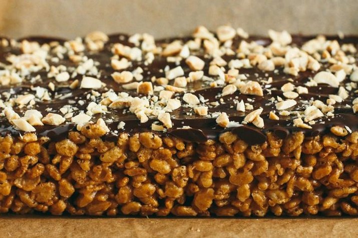 Close up of a chocolate covered peanut butter bar
