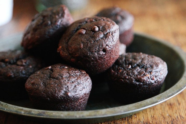 Chocolate muffins stacked in pie tin.