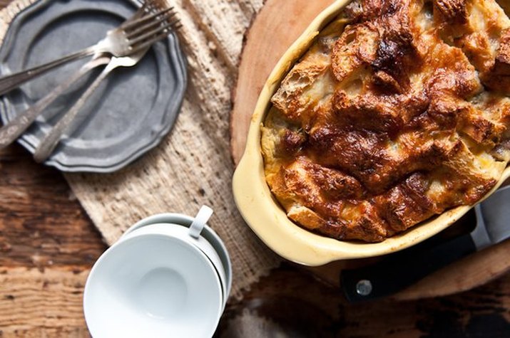 A dish of browned make-ahead beer and sausage breakfast bake.
