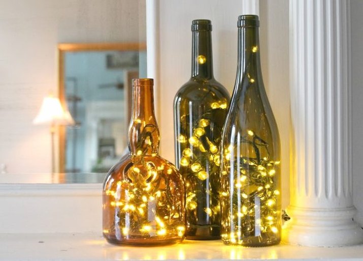 wine bottle filled with LED string lights