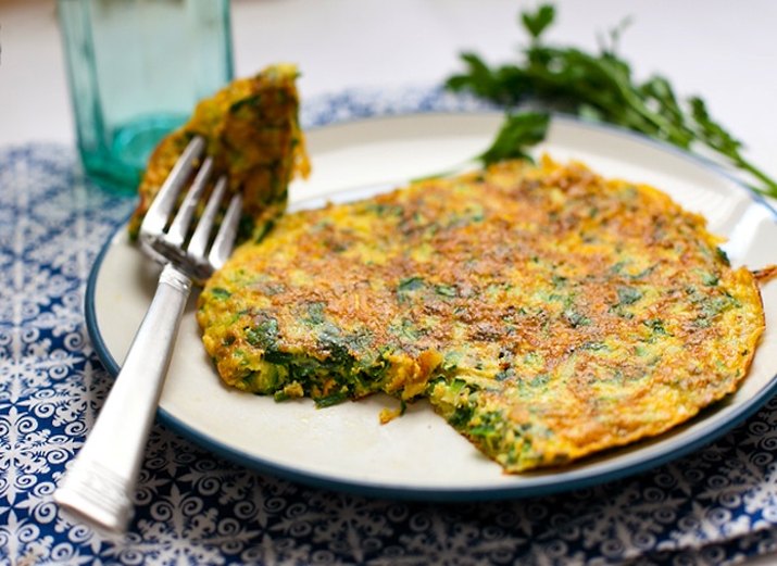 Plate with a forkful of herb and zucchini frittata.