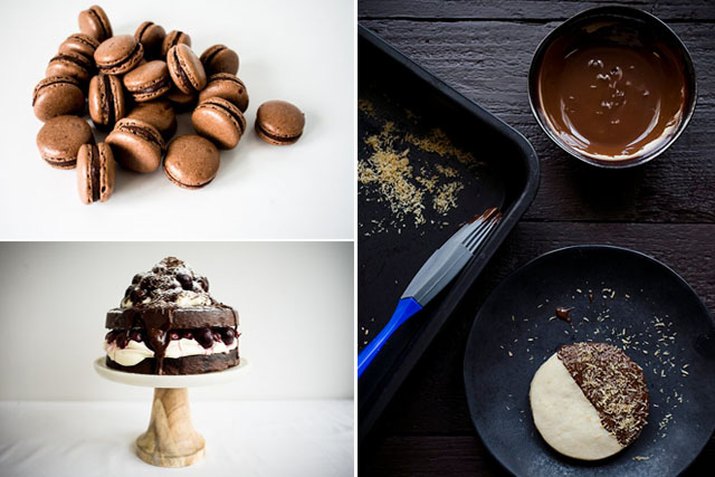 Photos of a chocolate shortbread cookie, chocolate macarons, and a black forest cake.