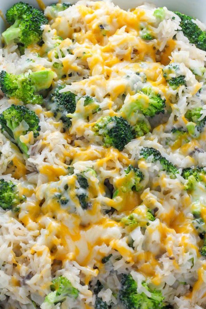 A bed of cheesy broccoli rice casserole dish.