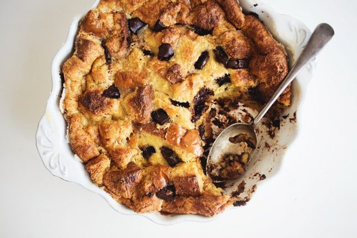 Bread pudding is made extra delicious with chocolate chips.
