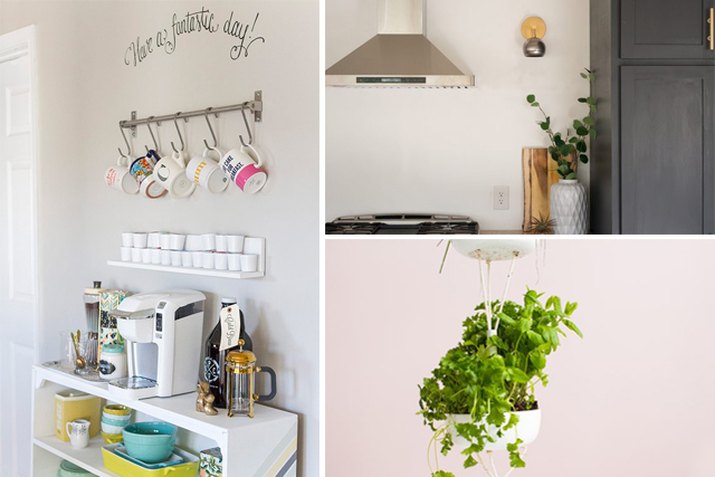 A coffee bar, a wall sconce, and an herb garden.