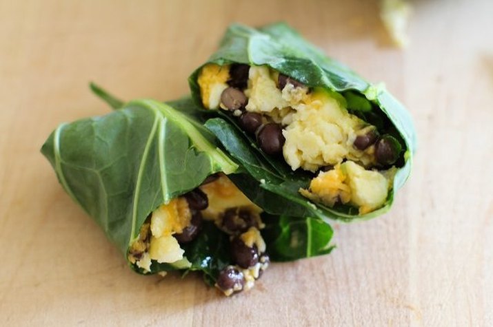 Low-carb breakfast burrito wrapped with collard greens.