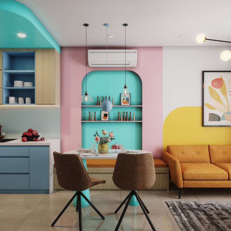 Colorful kitchen with pastel walls and minimalist lines